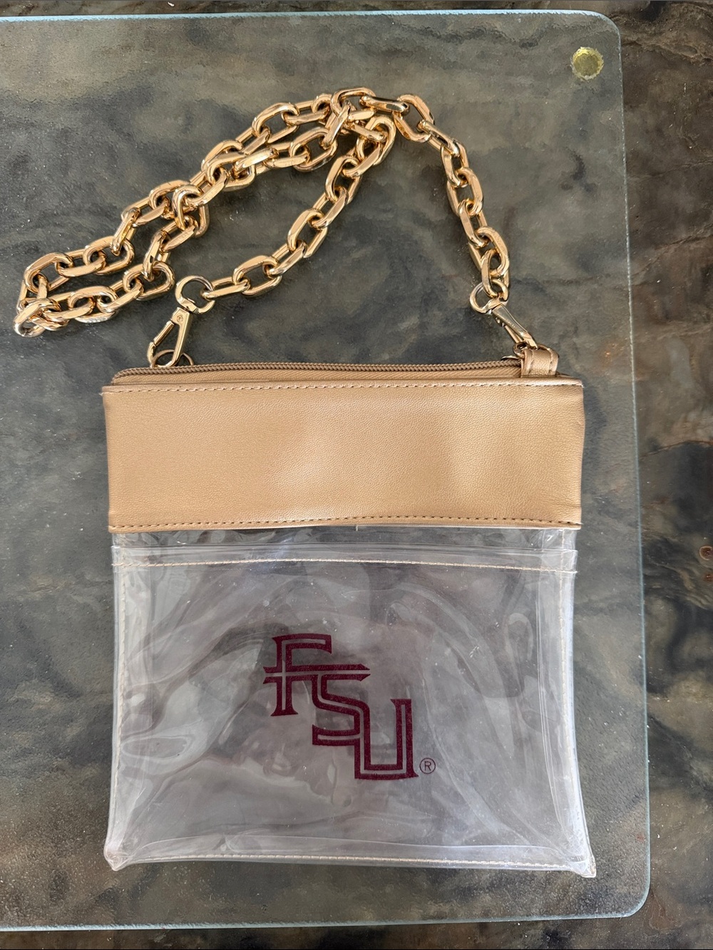 FSU Clear Crossbody Bag with Tan Trim and Gold Chain